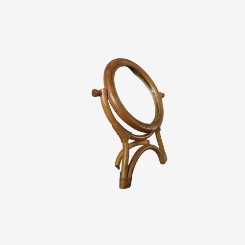 ANCIEN MIROIR TRIPODE SUR PIED PIVOTANT EN BAMBOU ET ROTIN ANNEES 60 70 VINTAGE