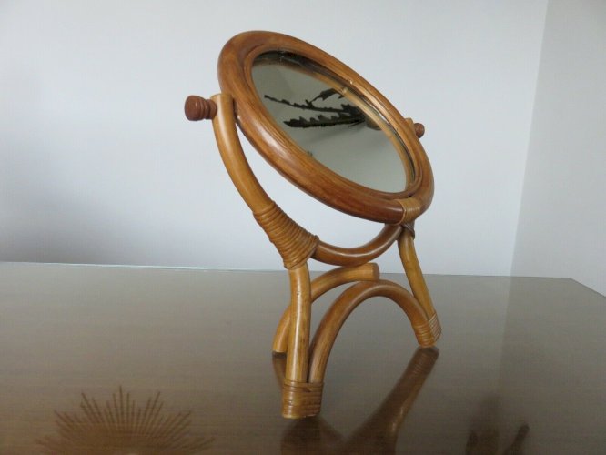 ANCIEN MIROIR TRIPODE SUR PIED PIVOTANT EN BAMBOU ET ROTIN ANNEES 60 70 VINTAGE