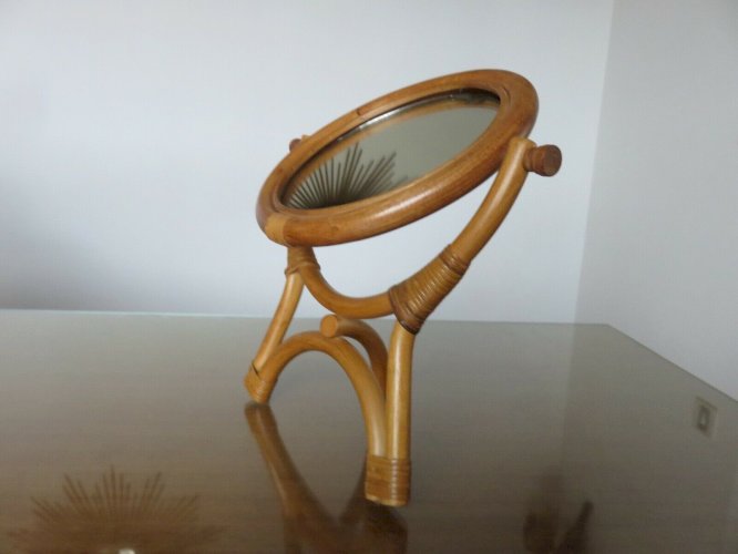 ANCIEN MIROIR TRIPODE SUR PIED PIVOTANT EN BAMBOU ET ROTIN ANNEES 60 70 VINTAGE