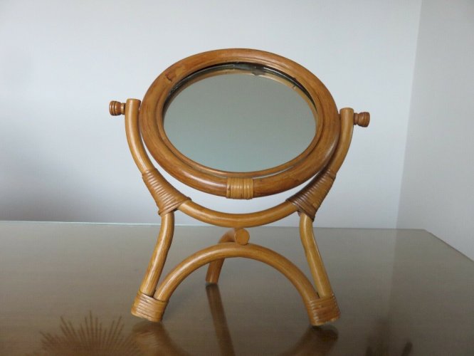 ANCIEN MIROIR TRIPODE SUR PIED PIVOTANT EN BAMBOU ET ROTIN ANNEES 60 70 VINTAGE