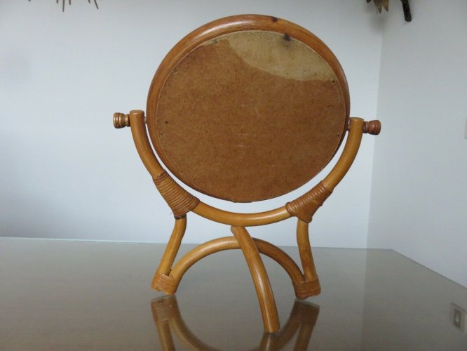 ANCIEN MIROIR TRIPODE SUR PIED PIVOTANT EN BAMBOU ET ROTIN ANNEES 60 70 VINTAGE