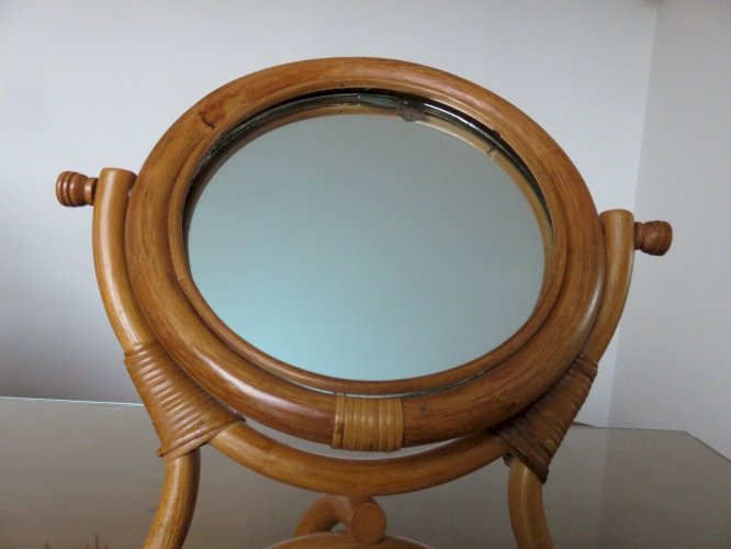 ANCIEN MIROIR TRIPODE SUR PIED PIVOTANT EN BAMBOU ET ROTIN ANNEES 60 70 VINTAGE
