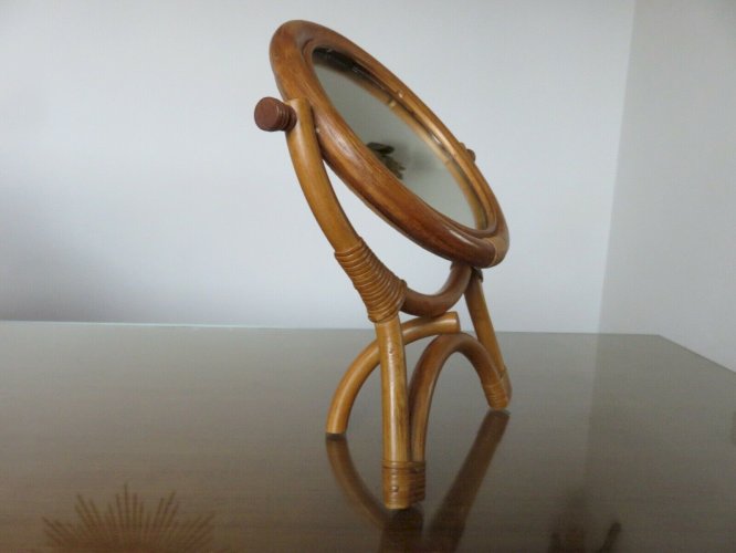 ANCIEN MIROIR TRIPODE SUR PIED PIVOTANT EN BAMBOU ET ROTIN ANNEES 60 70 VINTAGE