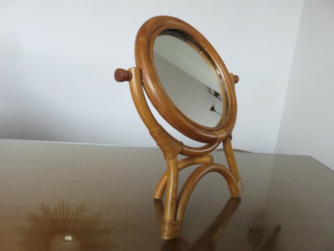 ANCIEN MIROIR TRIPODE SUR PIED PIVOTANT EN BAMBOU ET ROTIN ANNEES 60 70 VINTAGE