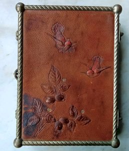 Ancien miroir triptyque Art Nouveau barbier Décor Cuir Oiseau Coccinelle