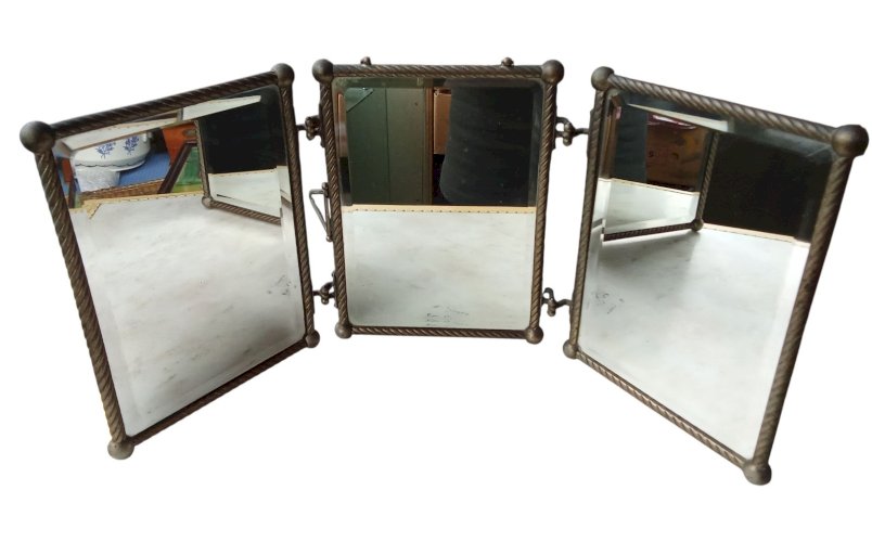 Ancien miroir triptyque Art Nouveau barbier Décor Cuir Oiseau Coccinelle