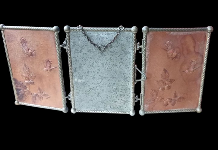 Ancien miroir triptyque Art Nouveau barbier Décor Cuir Oiseau Coccinelle