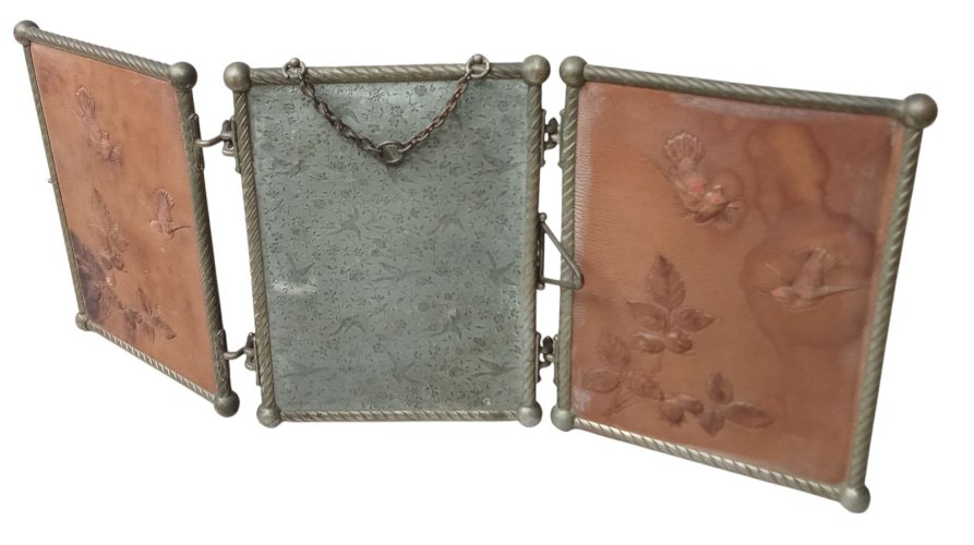 Ancien miroir triptyque Art Nouveau barbier Décor Cuir Oiseau Coccinelle