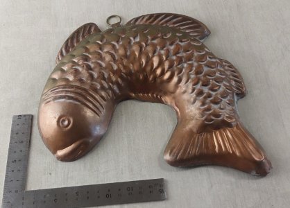 Old copper tin-plated fish mold