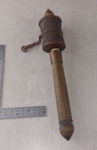 Ancien moulin à prière, Tibet / tibétain mantra, en bois et cuivre ^