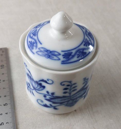 Ancien moutardier, décor Blue Onion / porcelaine Tchécoslovaquie / Czech