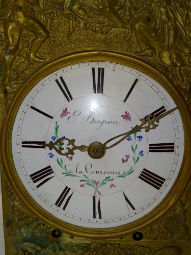-ANCIEN MOUVEMENT HORLOGE COMTOIS 1 MOIS CADRAN FLEURI E BERGEON à LA COURONNE D
