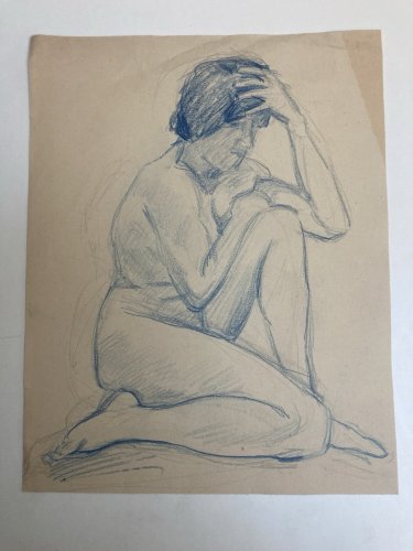 Ancien Nu Dessin Crayon Sur Papier Femme 1910 Erotique Art Déco Nue Bleu Assis