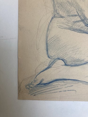 Ancien Nu Dessin Crayon Sur Papier Femme 1910 Erotique Art Déco Nue Bleu Assis