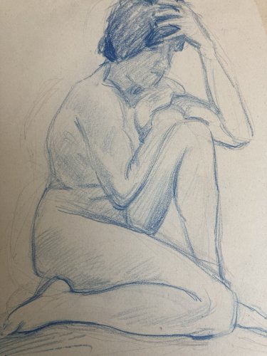 Ancien Nu Dessin Crayon Sur Papier Femme 1910 Erotique Art Déco Nue Bleu Assis