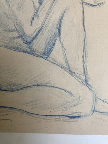 Ancien Nu Dessin Crayon Sur Papier Femme 1910 Erotique Art Déco Nue Bleu Assis