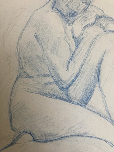 Ancien Nu Dessin Crayon Sur Papier Femme 1910 Erotique Art Déco Nue Bleu Assis