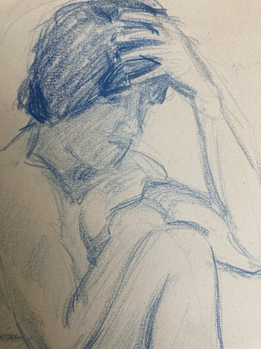 Ancien Nu Dessin Crayon Sur Papier Femme 1910 Erotique Art Déco Nue Bleu Assis