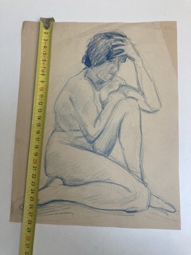 Ancien Nu Dessin Crayon Sur Papier Femme 1910 Erotique Art Déco Nue Bleu Assis
