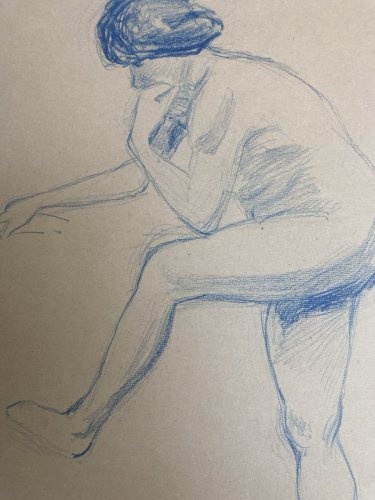 Ancien Nu Dessin Crayon Sur Papier Femme 1910 Erotique Art Déco Nue Bleu Debout