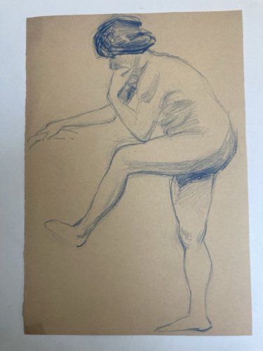 Ancien Nu Dessin Crayon Sur Papier Femme 1910 Erotique Art Déco Nue Bleu Debout