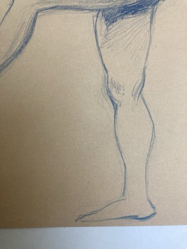 Ancien Nu Dessin Crayon Sur Papier Femme 1910 Erotique Art Déco Nue Bleu Debout