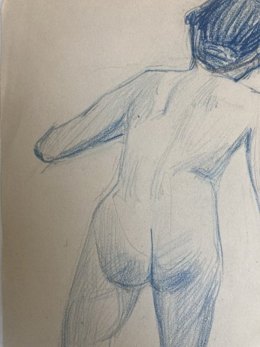 Ancien Nu Dessin Crayon Sur Papier Femme 1910 Erotique Art Déco Nue Bleu Dos