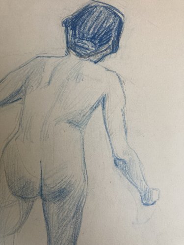 Ancien Nu Dessin Crayon Sur Papier Femme 1910 Erotique Art Déco Nue Bleu Dos