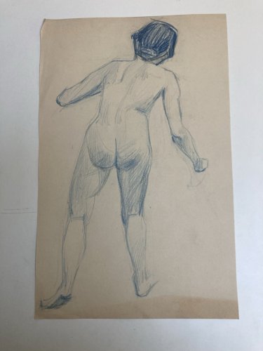 Ancien Nu Dessin Crayon Sur Papier Femme 1910 Erotique Art Déco Nue Bleu Dos