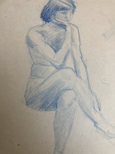 Old Nude Drawing Pencil On Paper Woman 1910 Erotic Sitting Art Deco Nude Blue