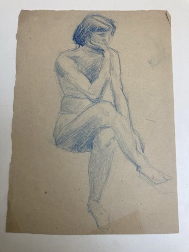 Ancien Nu Dessin Crayon Sur Papier Femme 1910 Erotique Assis Art Déco Nue Bleu