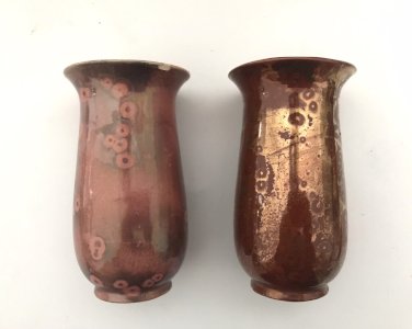 Ancien Paire Vases Art Deco Céramique Émaillée Vintage Ancien Attribué Pointu