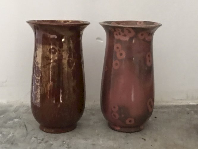 Ancien Paire Vases Art Deco Céramique Émaillée Vintage Ancien Attribué Pointu