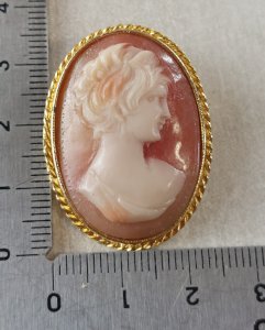 Antique cameo pendant / brooch in gold-toned metal.