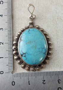 Antique pendant, turquoise cabochon and solid silver