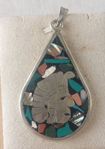 Ancien pendentif, calendrier Aztèque / Maya, forme goutte, en argent massif