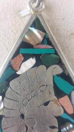 Ancien pendentif, calendrier Aztèque / Maya, forme goutte, en argent massif