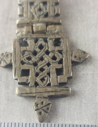 Ancien pendentif, croix copte orthodoxe, en métal argenté, Ethiopie