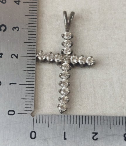 Ancien pendentif, croix religieuse strass / zircon, en argent massif