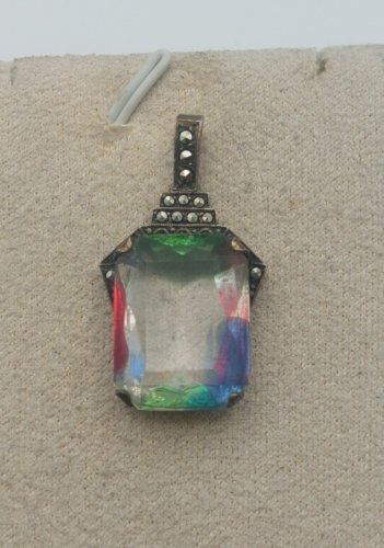 Ancien pendentif décor pierre multicolore du rhin, en argent, art deco