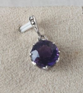 Old pendant, purple stone, silver-plated metal