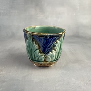 Old small majolica plant pot with raised leaf decoration, Belgian?