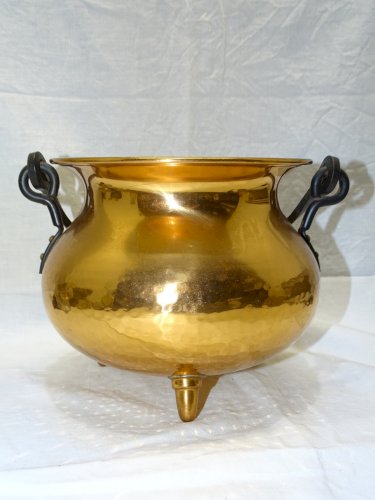 -ANCIEN PETIT CACHE POT CUIVRE FORME CHAUDRON ANSE FER FORGE déco XXe     D