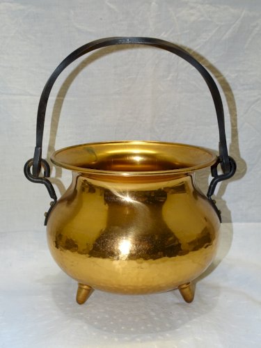 -ANCIEN PETIT CACHE POT CUIVRE FORME CHAUDRON ANSE FER FORGE déco XXe     D