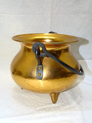-ANCIEN PETIT CACHE POT CUIVRE FORME CHAUDRON ANSE FER FORGE déco XXe     D