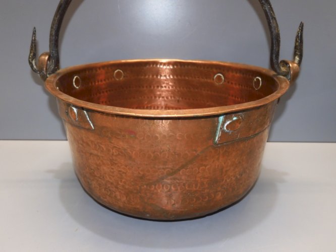 -ANCIEN PETIT CHAUDRON CUIVRE Martelé ANSE FER Forgé Déco CUISINE RESTAURANT   D