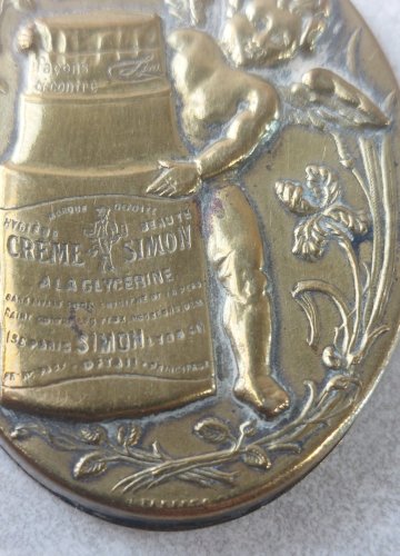 Ancien petit miroir de poche / chatelaine, publicitaire / religieux, Crème Simon
