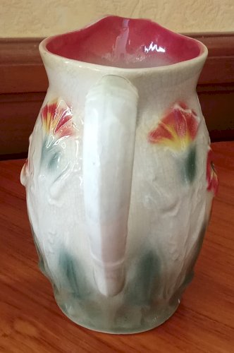 Ancien petit pichet broc céramique barbotine décor floral fleur Old Ceramic