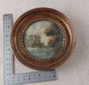 Ancien petit tableau miniature, décor paysage