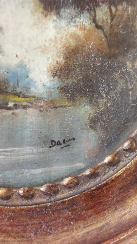 Ancien petit tableau miniature, décor paysage